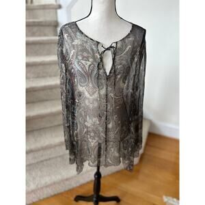 Karen Kane Y2K Brown Blue Paisley Sheer Metallic Boho Whimsygoth Fairy Blouse